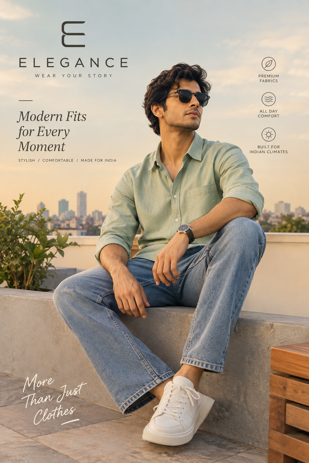 Elegance — Modern Fits for Every Moment: sage green shirt and light-wash jeans on a rooftop
